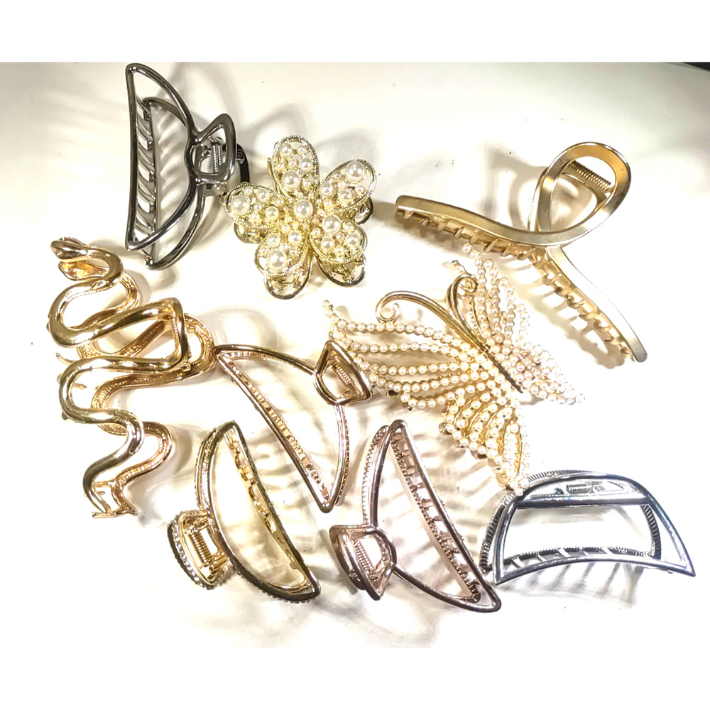 Pony Tail Holder Barrette Bundle Of 9 Gold And Silver Tone Faux Pearl Clasp